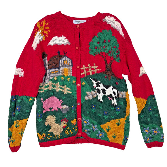 Signature by Northern Isles Knitted by Hand Farm Animals Apple Tree Red XL VTG! - Picture 1 of 15
